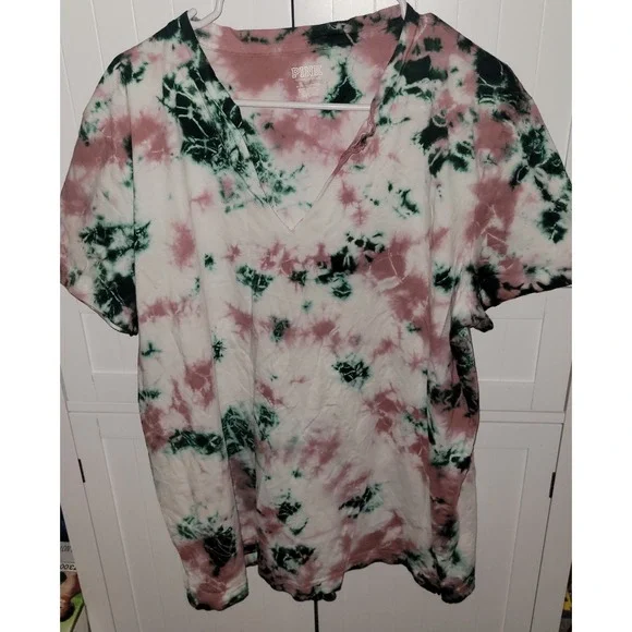 Victoria's Secret PINK 2 Pack XL T-Shirts Green Solid Tie Dye Split Neck Cotton - Picture 12 of 12